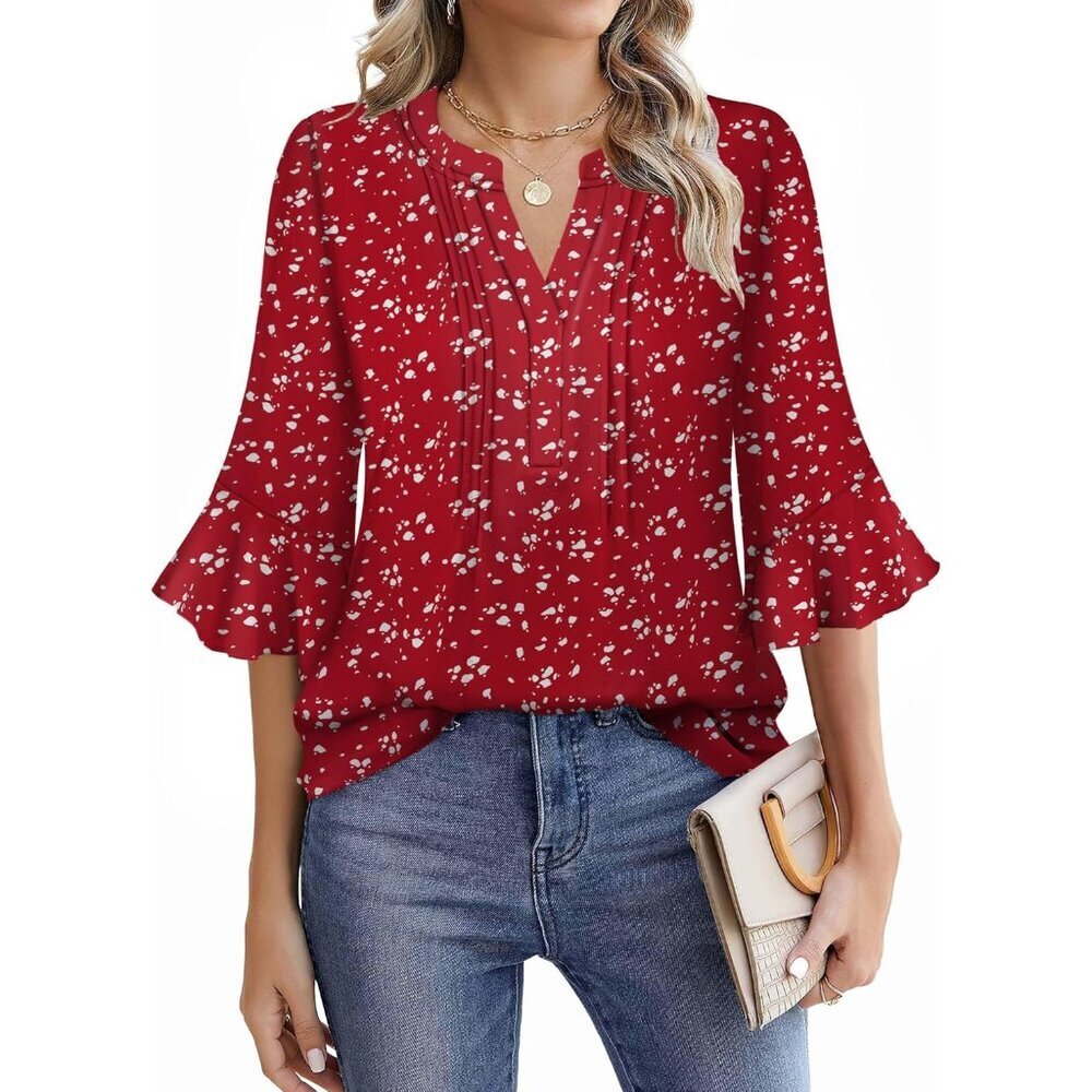 Women's Floral V-Neck Top Light & Stretchy Casual Summer Blouses S-XXL